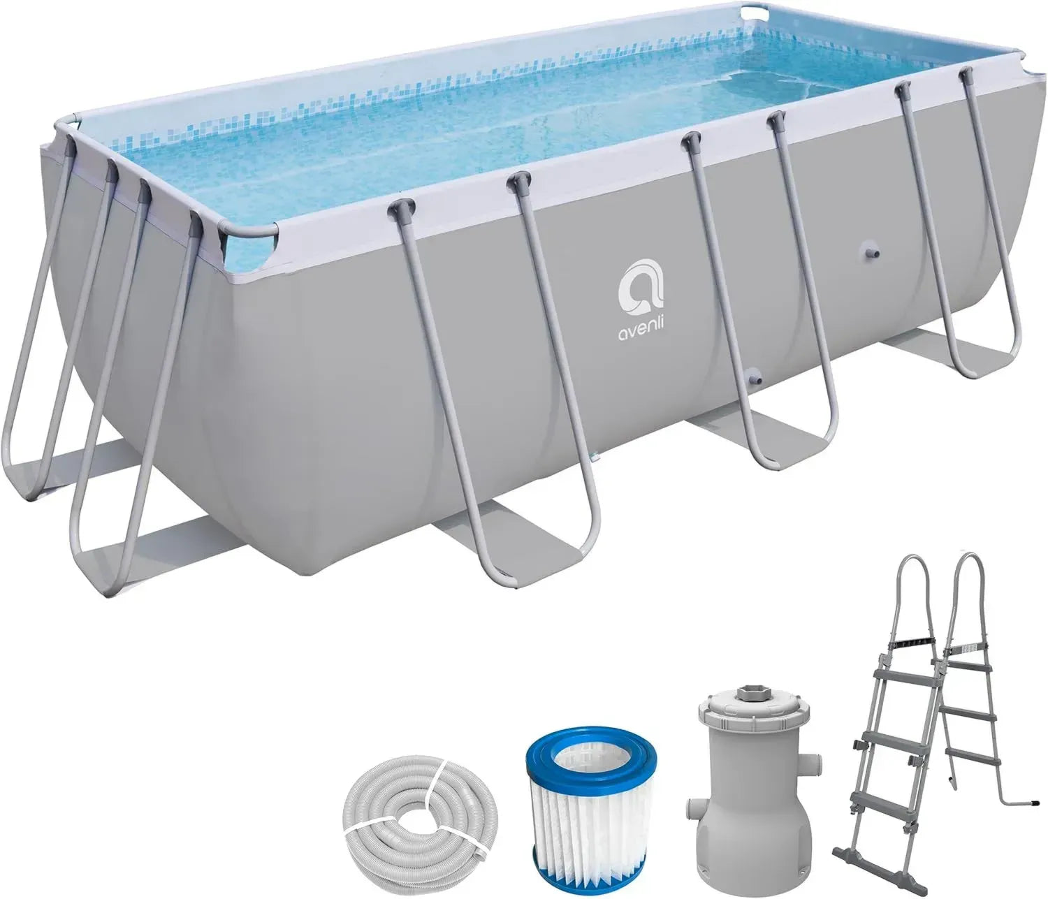 Avenli Rechteckiger Aufstellpool 400x200x100 cm mit Stahlrahmen, Komplettset inkl. Leiter, Filterpumpe und Zubehör, grau