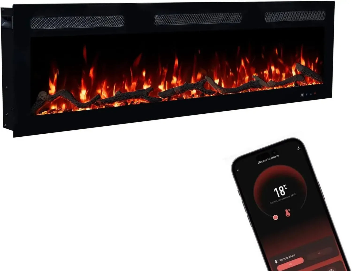 GLOW FIRE Elektrischer Wandeinbaukamin Inside 127 mit 3D LED-Flammeneffekt, Heizung, App-Steuerung und Timer, 1800 W