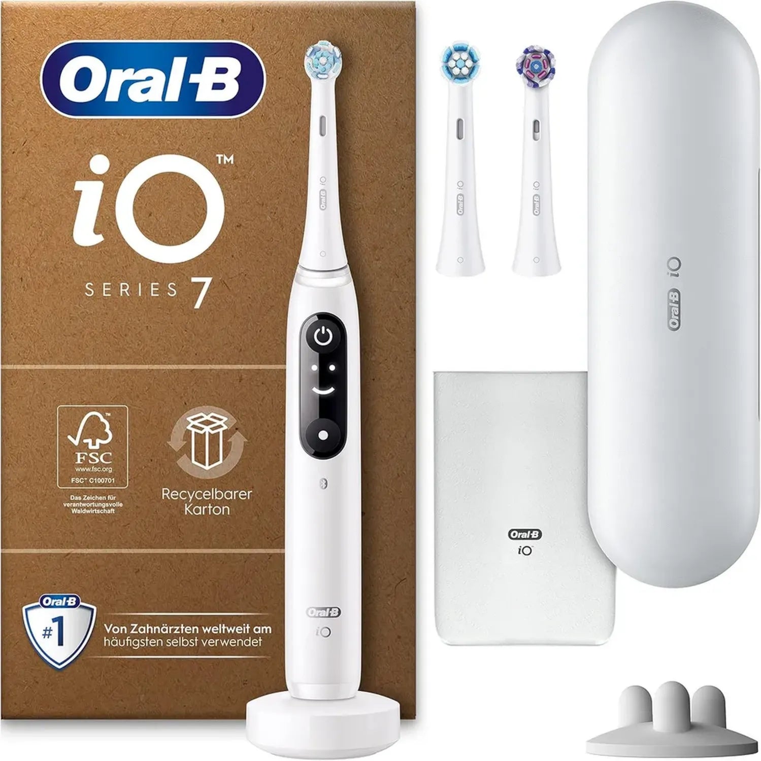 Oral-B iO Series 7 Elektrische Zahnbürste, 3 Aufsteckbürsten, 5 Reinigungsmodi, Reiseetui, Weiß