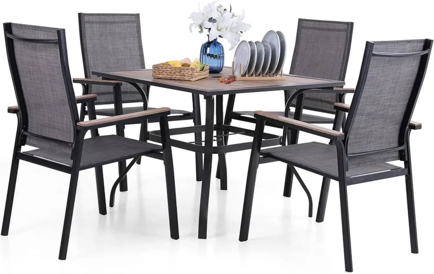 Gartenmöbel Set: Tisch mit 4 Aluminiumstühlen und Schirmloch