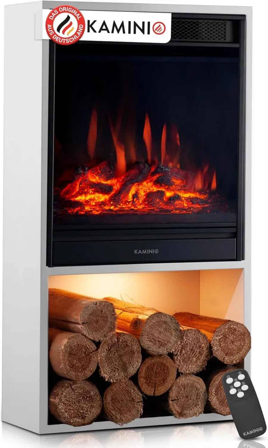 Moderner Elektrokamin Hugo mit 3D-Flammen und Fernbedienung, LED-Licht und Holzfach in Weiß