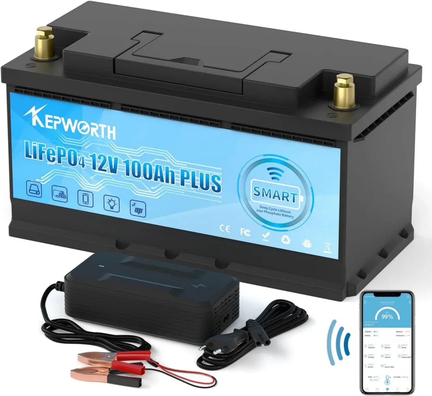 KEPWORTH 12.8V 100Ah LiFePO4 Batterie mit Bluetooth BMS, 15000 Zyklen, Ideal für Wohnwagen, Camping und Solar