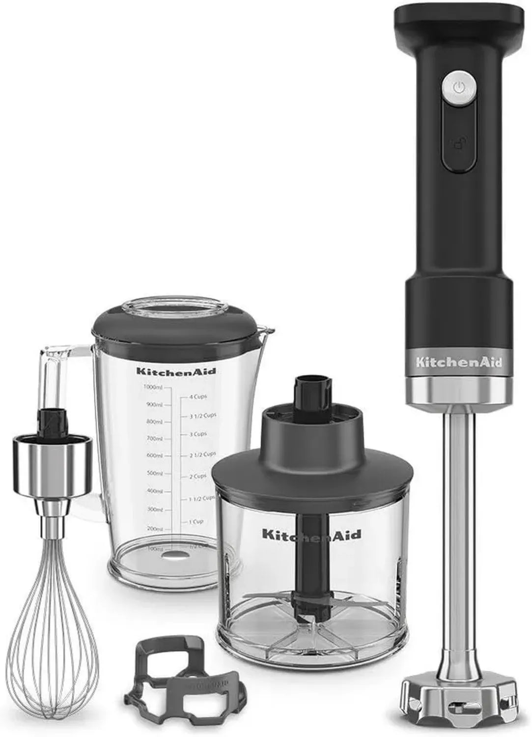 Kabelloser KitchenAid Stabmixer mit 1L BPA-freiem Becher, Schneebesen und Zerkleinerer, Kratzschutz, Edelstahlklingen, Schwarz