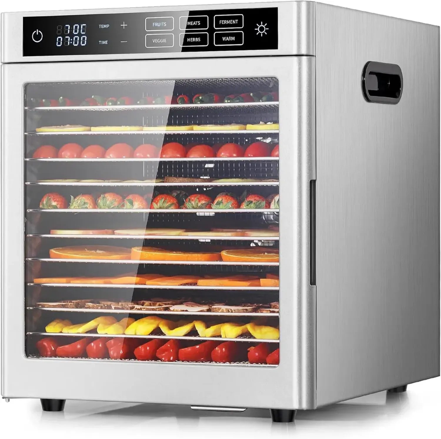 Kwasyo Edelstahl Dörrautomat, 12 Ebenen, 6 Programme für Obst, Gemüse und Fleisch, Temperatur bis 85°C, 24-Stunden-Timer, 800W, inkl. Rezeptbuch