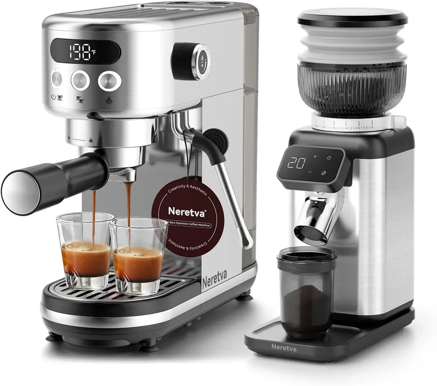 Neretva Espressomaschine 20 Bar Edelstahl Kompakt mit Präzisions-Kaffeemühle