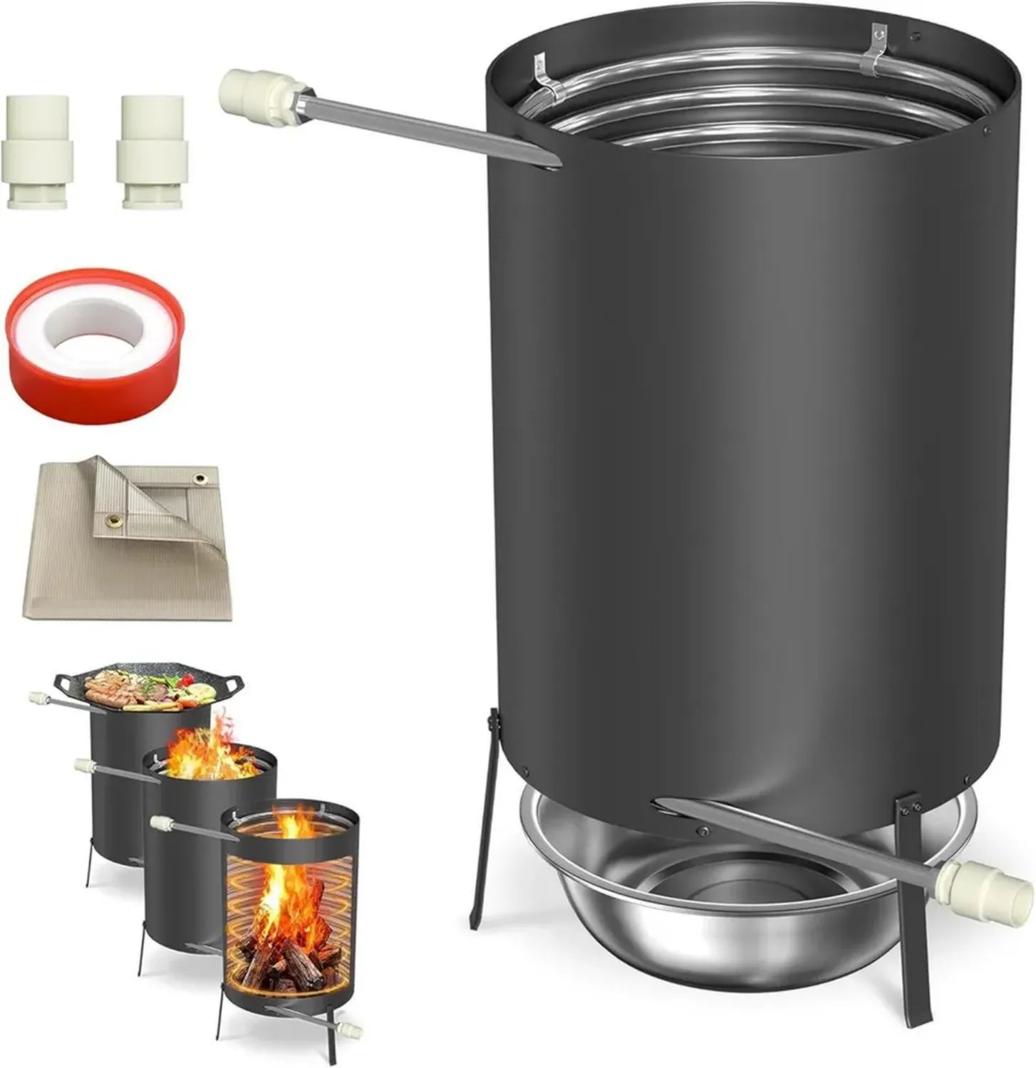 Edelstahl-Poolheizung mit Holzofen und Spiralrohr, inkl. Feuerfestmatten und Tablett