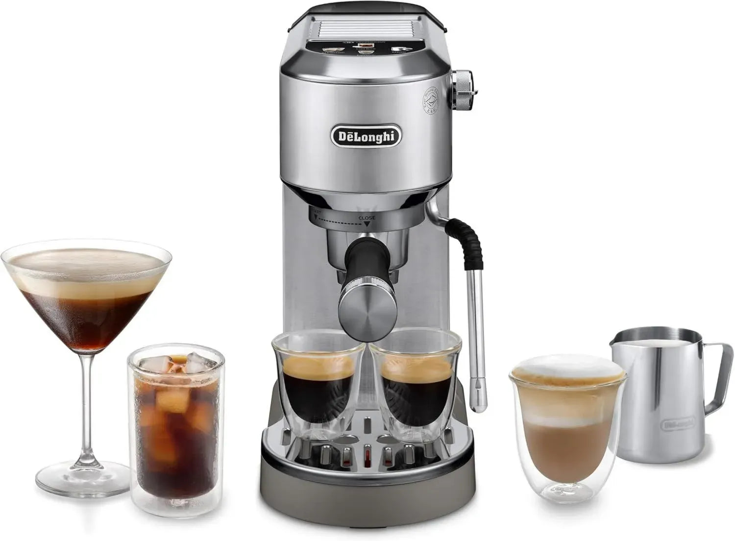 De'Longhi Dedica Duo - Kompakte Espressomaschine mit Soft-Touch-Bedienung und Milchaufschäumer, 15 cm breit, Metallic Design