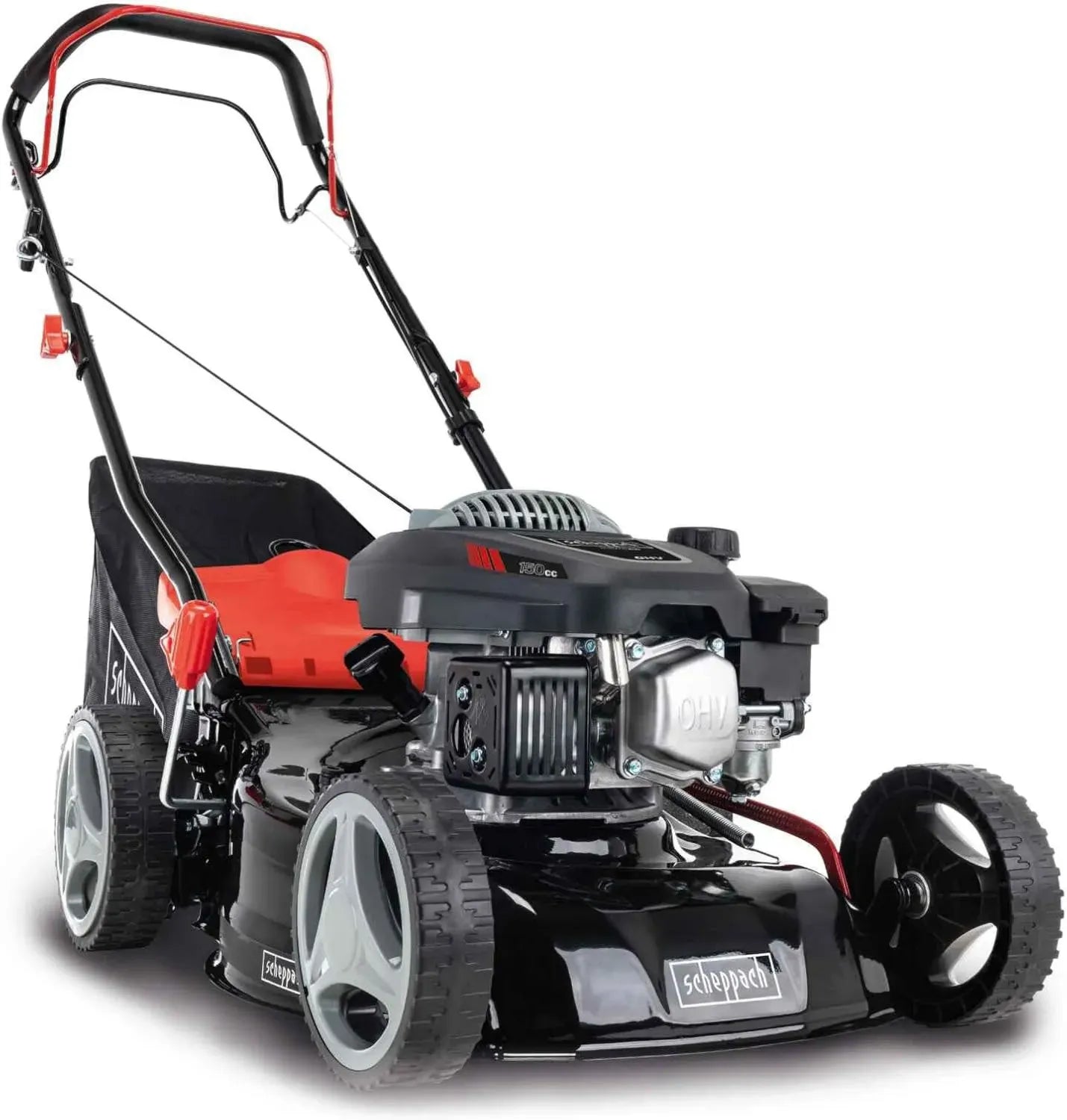 Scheppach Benzin-Rasenmäher MS150-42 mit 3,5 PS, 42 cm Schnittbreite, Radantrieb, robustem Stahlgehäuse, Mulch- und Reinigungsfunktion, 45-Liter-Fangkorb, 7-facher Höhenverstellung