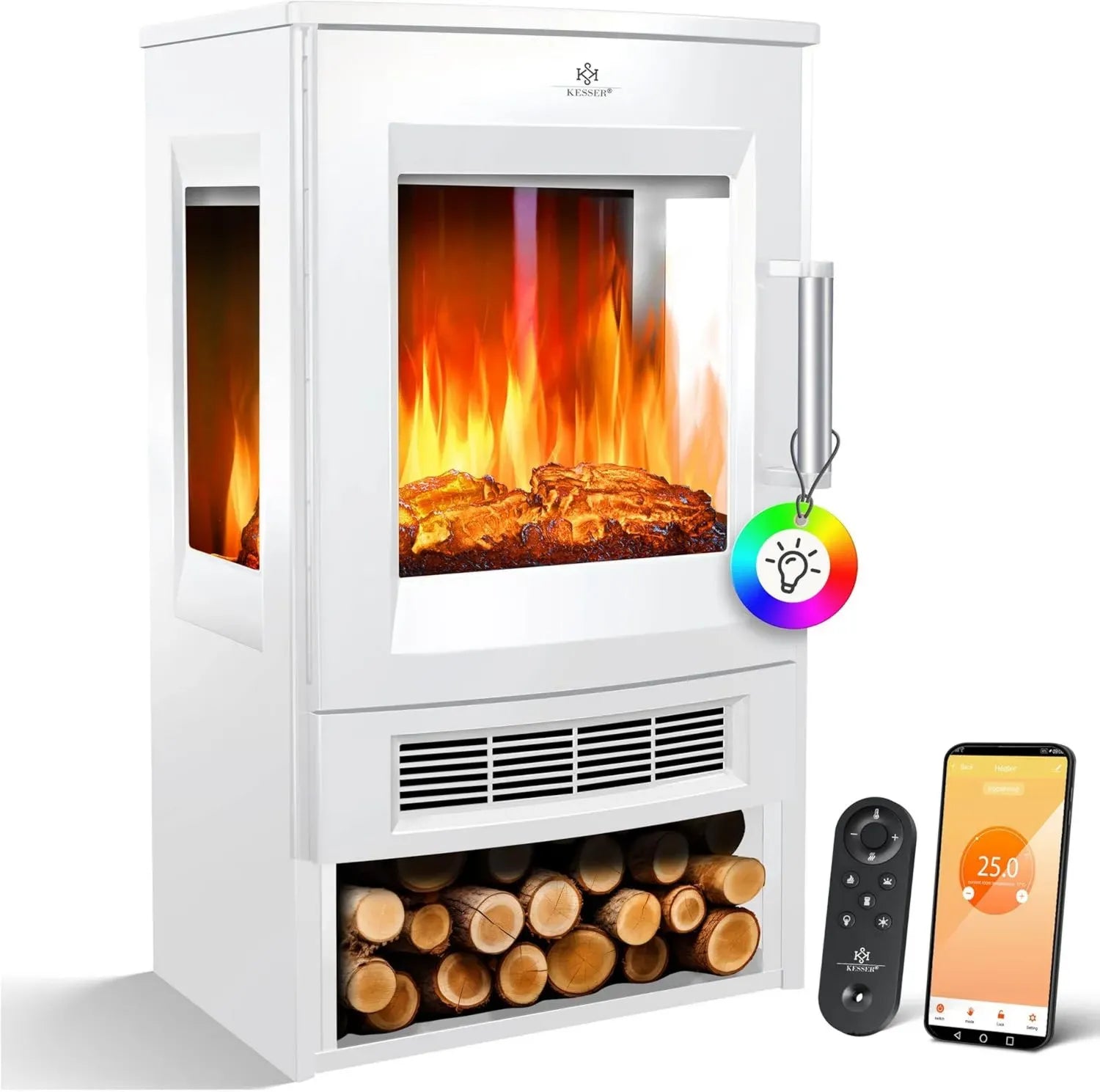 KESSER® Elektro-Kaminofen mit Fernbedienung, WiFi-Steuerung und Heizfunktion, 9 LED-Flammeneffekte, 900/1800W