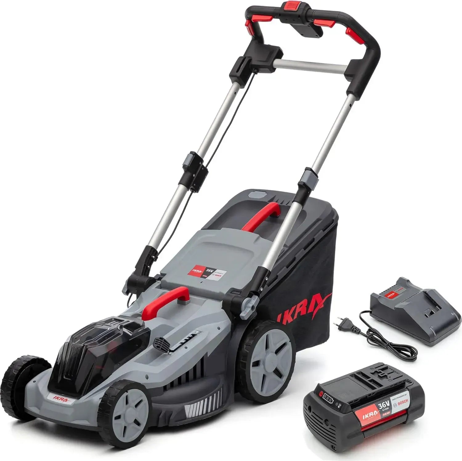 IKRA 36V Akku-Rasenmäher 3-in-1, für Flächen bis 600m², 43cm Schnittbreite, höhenverstellbar 30-75mm, inkl. Akku und Ladegerät