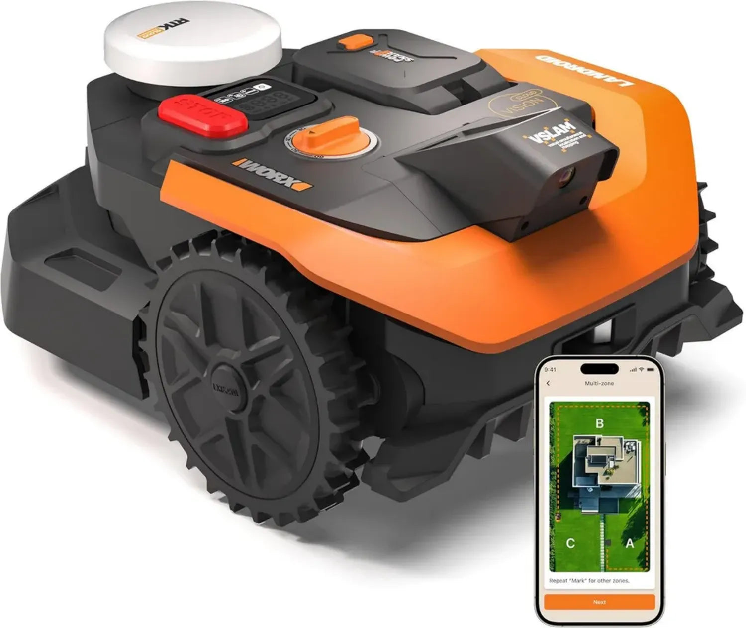 WORX Landroid Vision Cloud WR305E Mähroboter 500 m² ohne Begrenzungskabel, KI-Hinderniserkennung, VSLAM+ RTK-Navigation, App-Steuerung