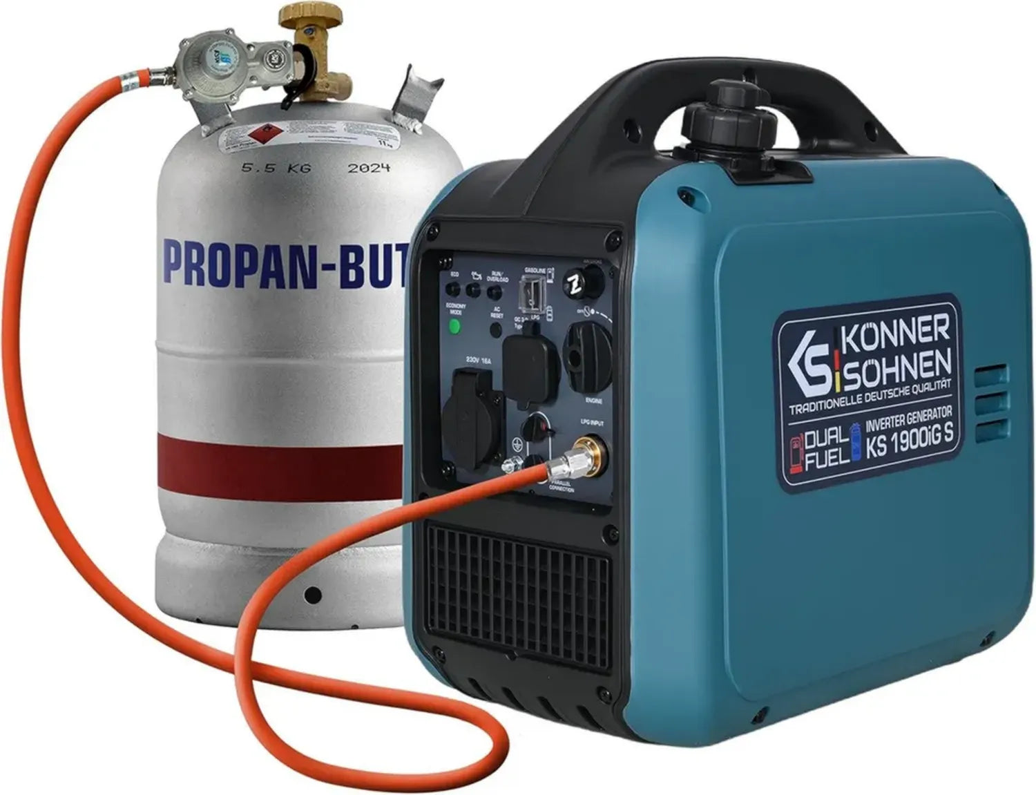 Könner & Söhnen Inverter Generator 2000W, Dual Fuel (LPG/Benzin), Leiser Notstrom, 17kg Leichtgewicht, Reine Sinus, Eco-Modus, USB, Euro-5