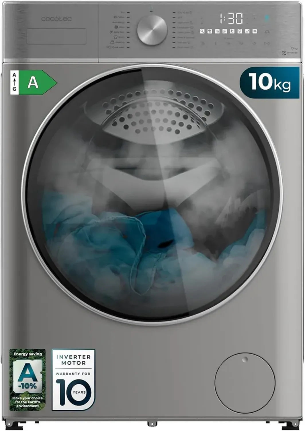 Cecotec Frontlader-Waschmaschine 10 kg, 16 Programme, Inverter Plus, Energieklasse A, 1400 U/min, Dampfreinigung