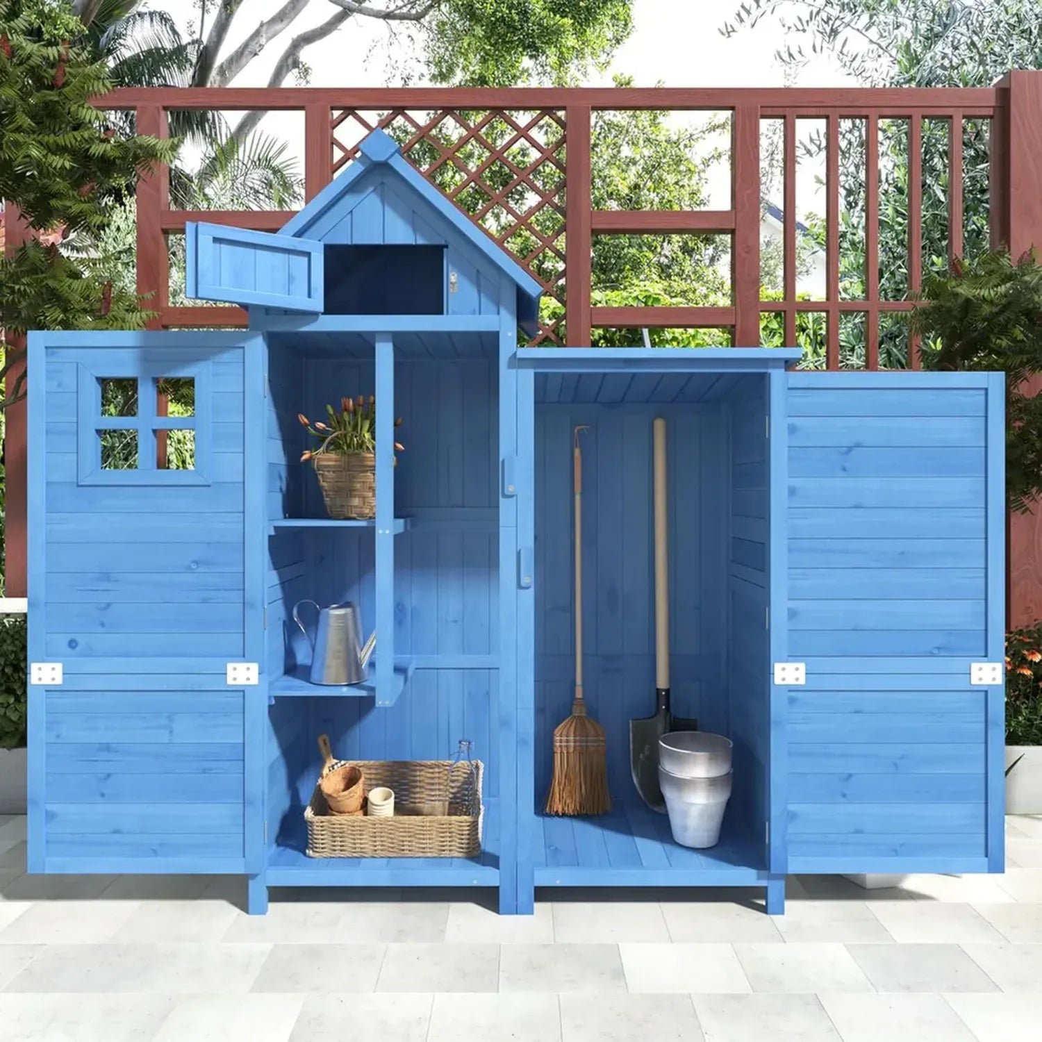 Wetterfester Gartenschuppen aus Holz mit PVC-Dach, Blau, 118x54x173 cm