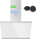 COMFEE' A++ 60 cm Kopffreihaube, Edelstahl/Glas, 380m³/h Luftstrom, LED-Touchscreen, inkl. Kohlefilter, Weiß