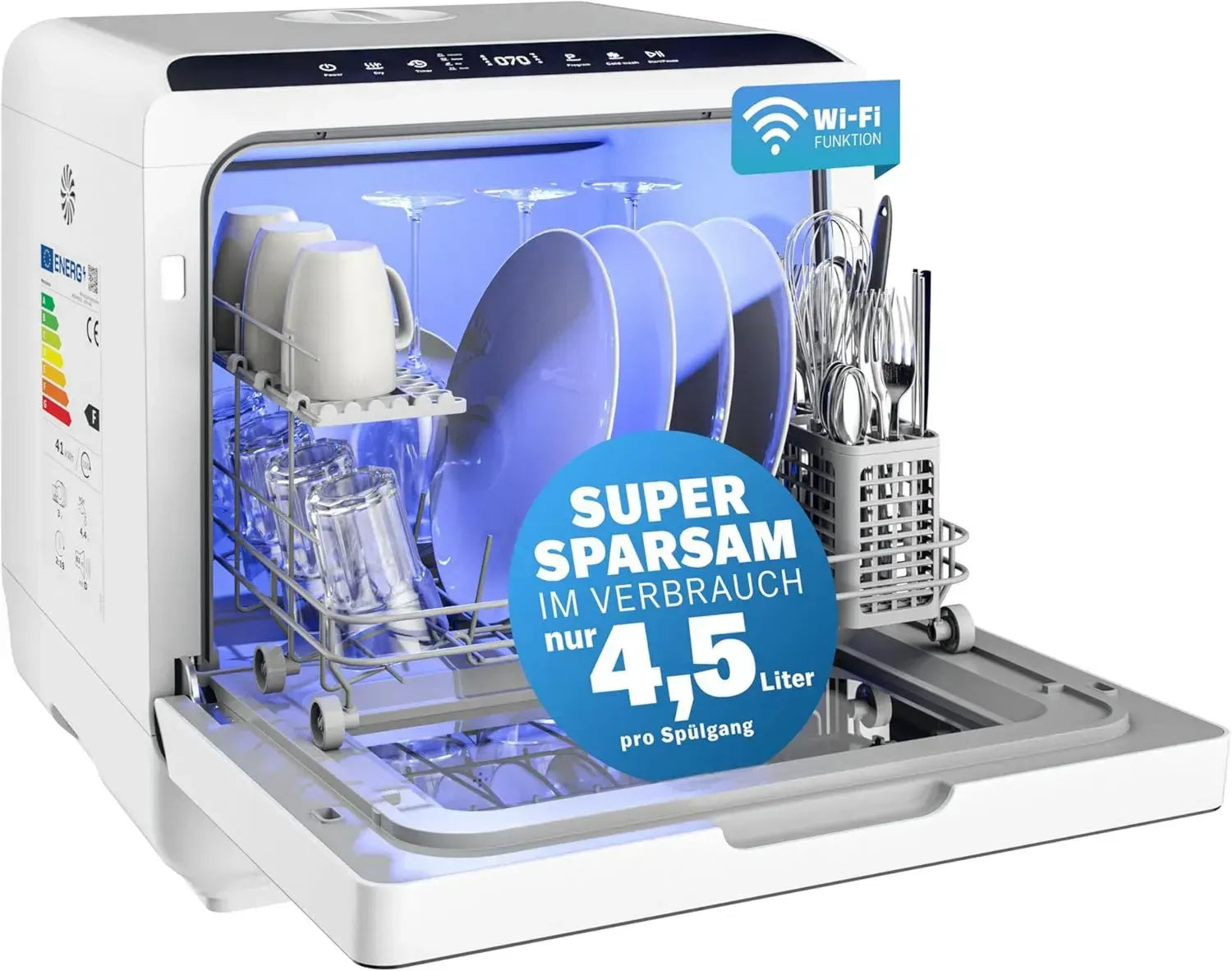 Kompakte MONZANA® Tischspülmaschine mit App-Steuerung, 4,5L Verbrauch, 6 Programme, 4 Gedecke, 45cm, in Weiß