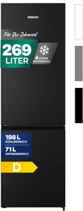 Heinrich Kühlgefrierkombination 269L, leise Kühlung, LED-Beleuchtung, austauschbarer Türanschlag, 7 Temperaturstufen, Schwarz/Inox