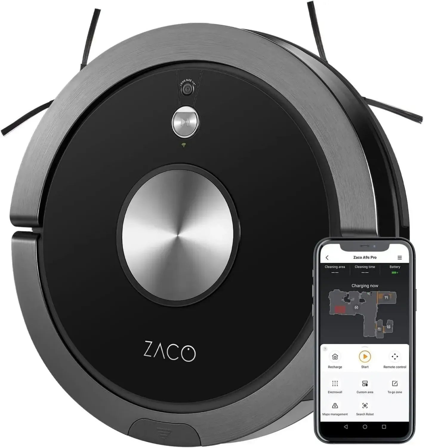 ZACO A9sPro Saugroboter mit App-Steuerung, Wischfunktion und Alexa-Kompatibilität, 7,6 cm flach, intelligente Raumkarte, 120 Min. Laufzeit, leise Reinigung für Teppiche, Tierhaare und Parkett, schwarz