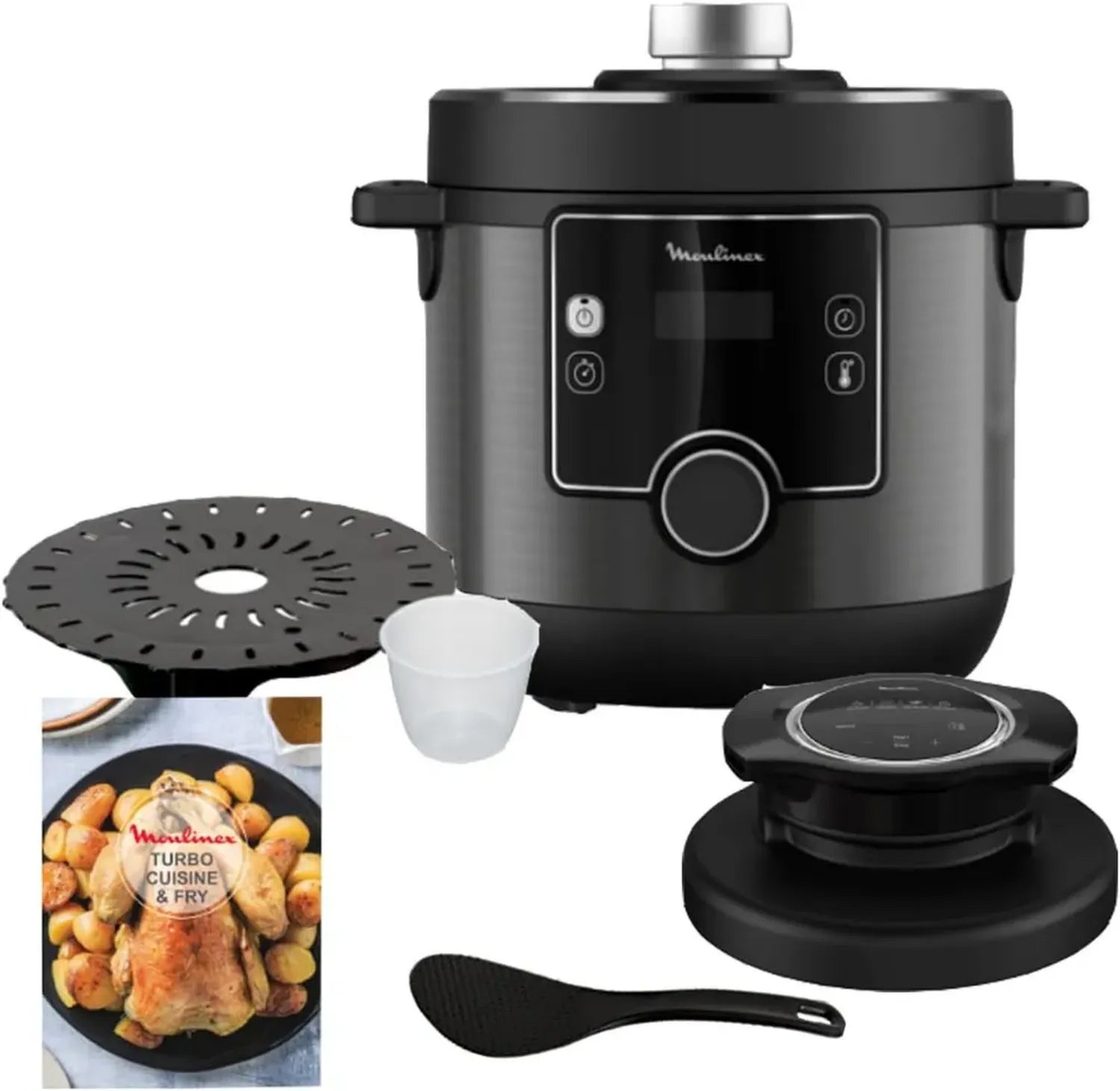 Moulinex 2-in-1 Schnellkochtopf und Heißluftfritteuse: 1450 W, Antihaftbeschichtet, 15 Programme, Timer, Schwarz