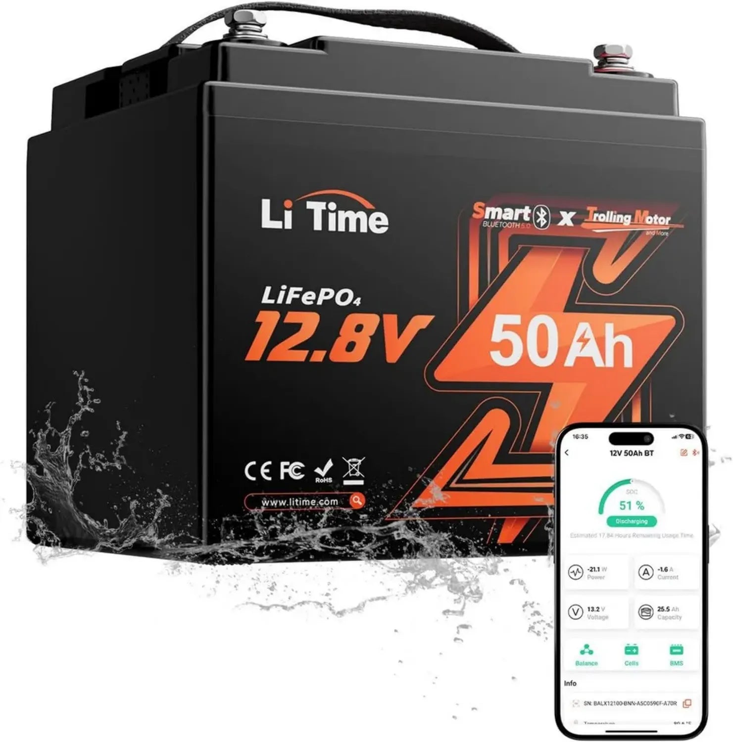 LiTime 12V 50Ah LiFePO4 Akku mit Bluetooth und 50A BMS, ideal für Trollingmotor, Yacht und Wohnmobil, 15000 Zyklen, 640Wh