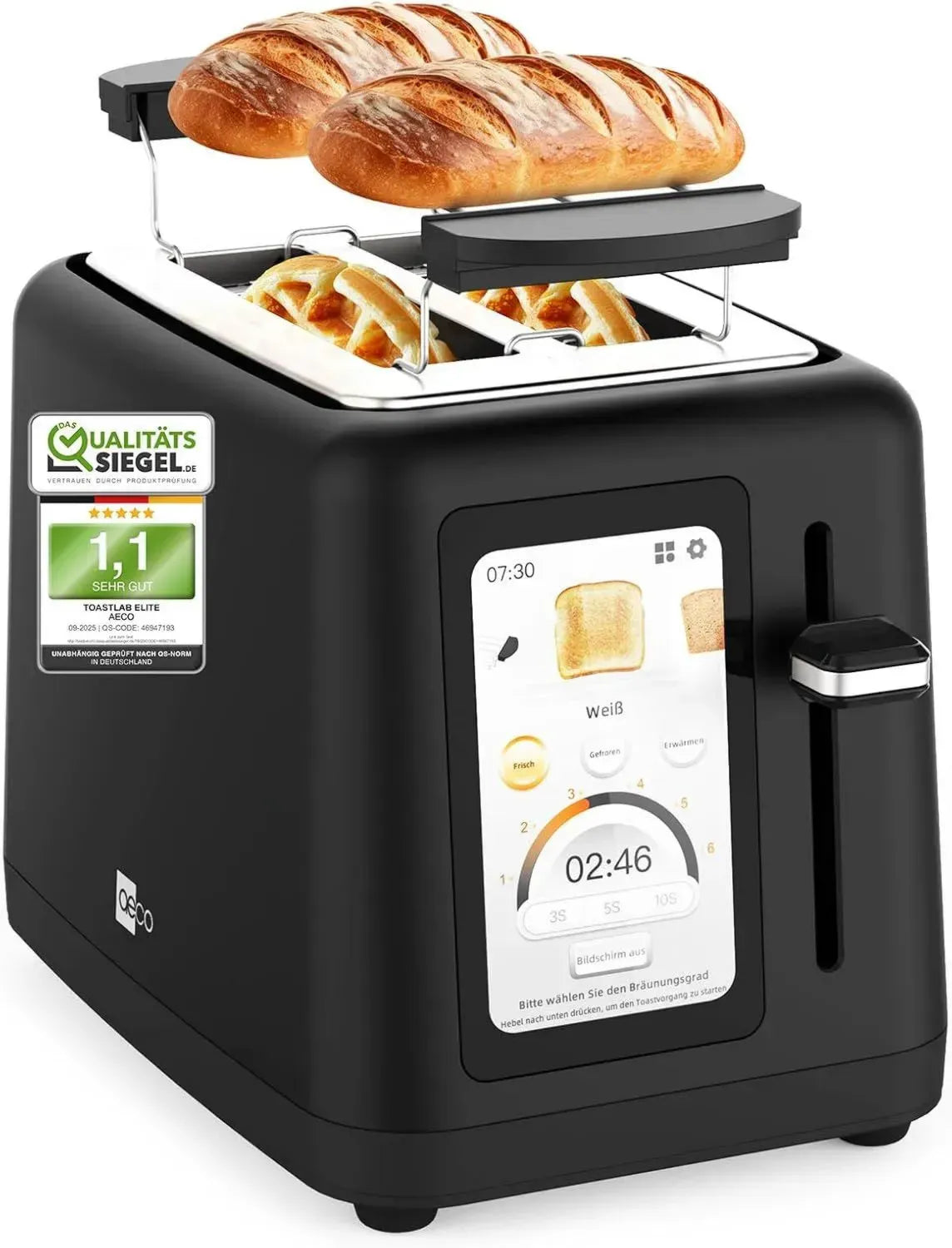 aeco ToastLab Premium Toaster mit 2 Scheiben, Brötchenaufsatz, extra breite Schlitze, 6 einstellbare Bräunungsgrade, 10 Programme, 850W, 5-Zoll-LCD mit Timer, Hebefunktion, Auftauen, Krümelschublade