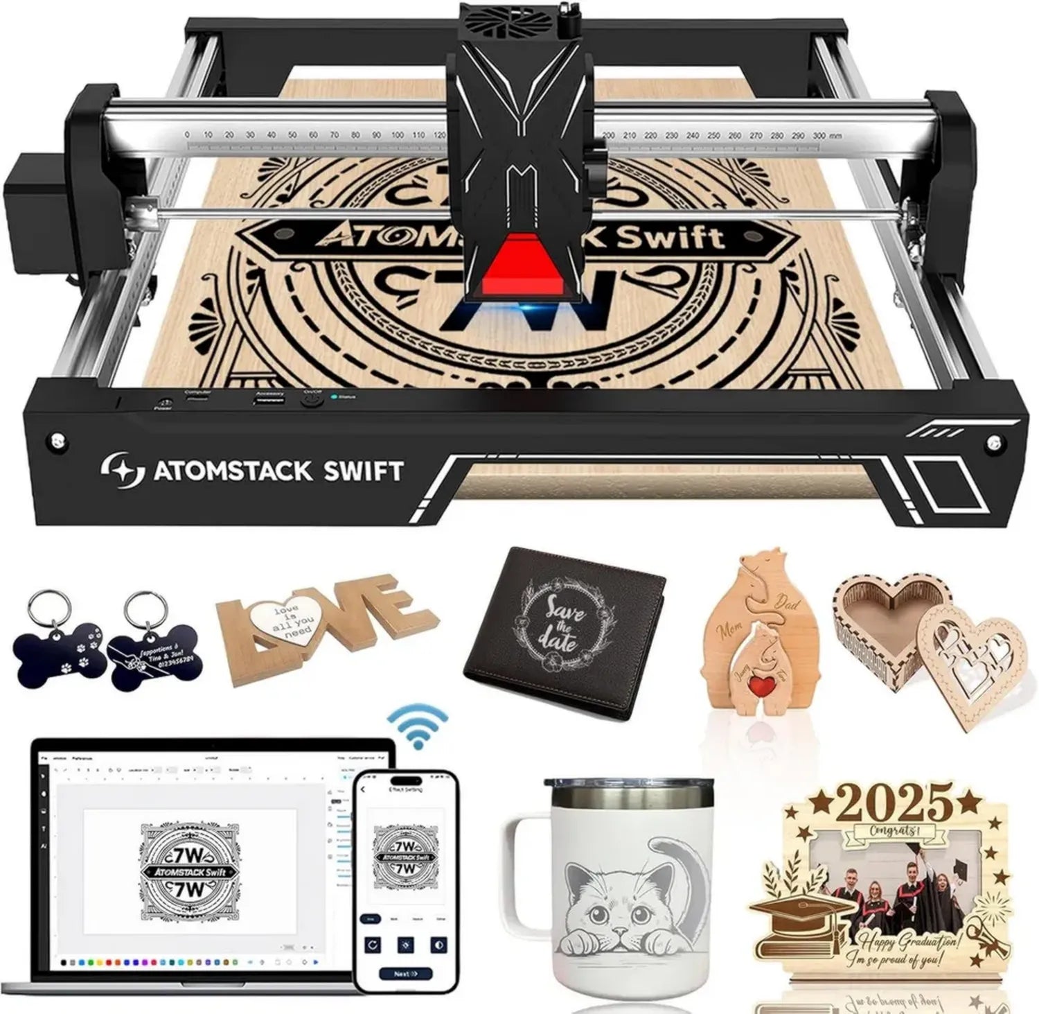 ATOMSTACK Swift Lasergraviermaschine für Einsteiger, 7W Leistung, 300x300mm Arbeitsfläche, Gratis Software und App, Präzisionsgravierer für Holz und Leder