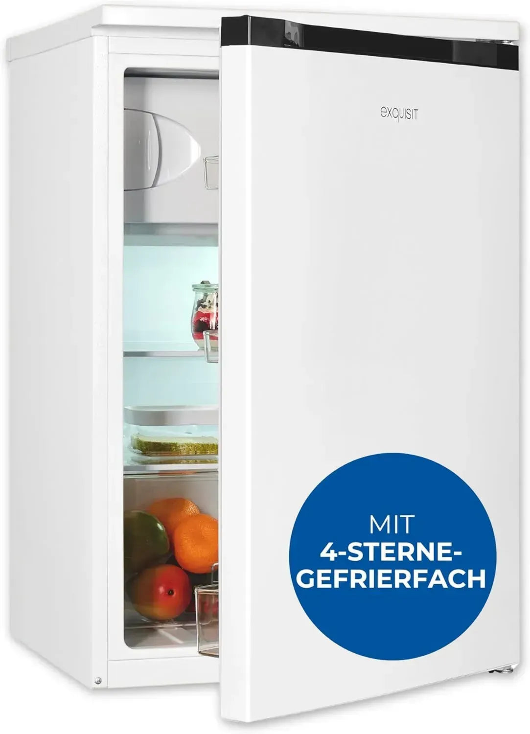Kompakter Exquisit Kühlschrank mit 4-Sterne-Gefrierfach, 107 l, Energieklasse C, 37 dB, LED-Licht, Weiß