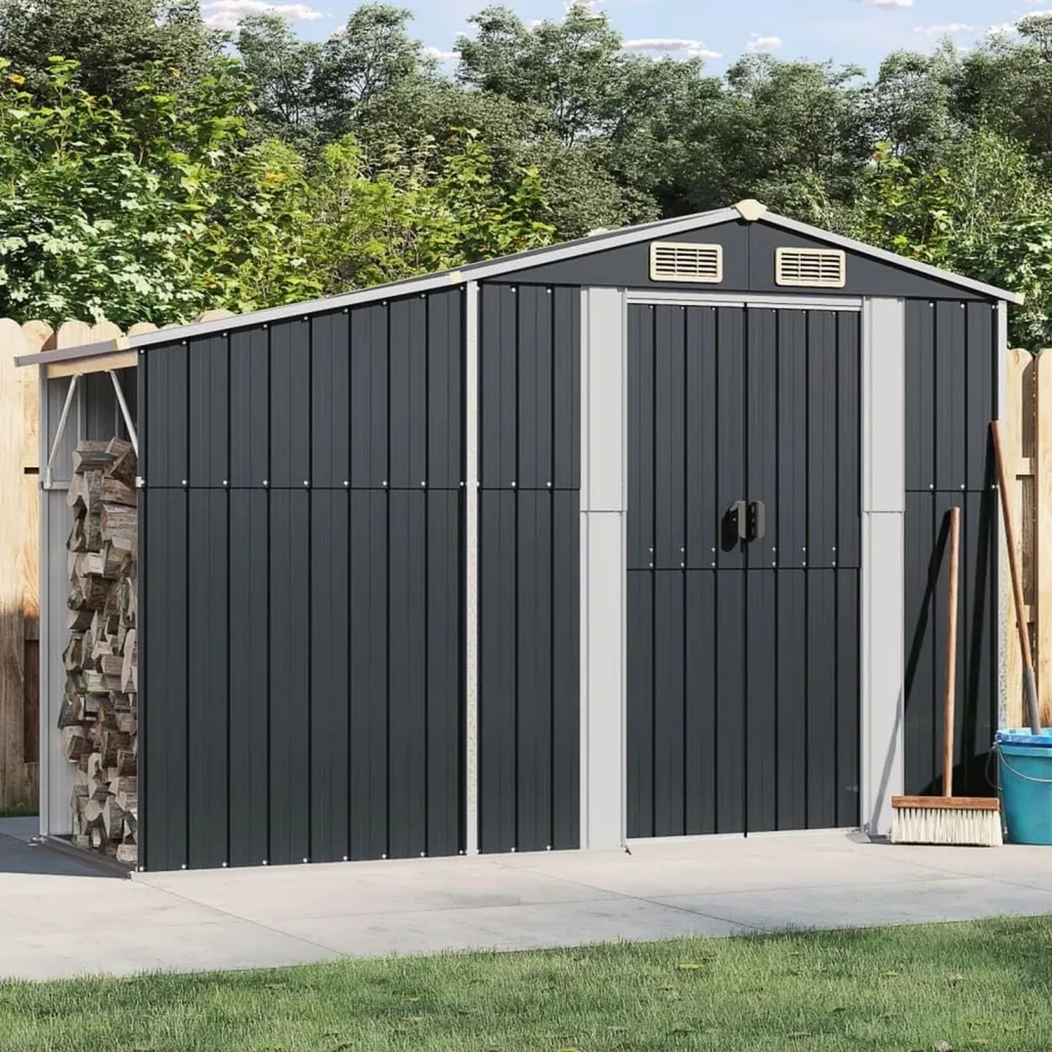 SECOLI Metall-Gerätehaus mit Holzunterstand, wetterfest, 277x93x179 cm, ideal als Fahrradunterstand, anthrazit