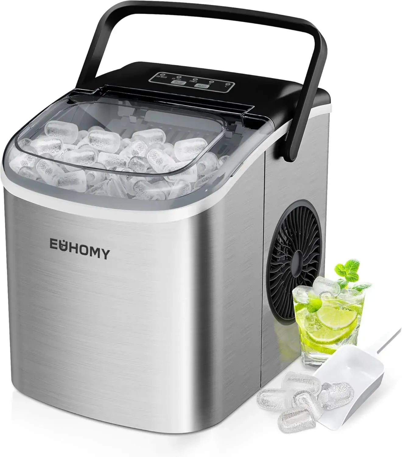 Kompakte EUHOMY Eiswürfelmaschine aus Edelstahl, 12 kg/24H, Selbstreinigung, Tragbarer Griff, Ideal für Zuhause, Küche, Büro und Bar