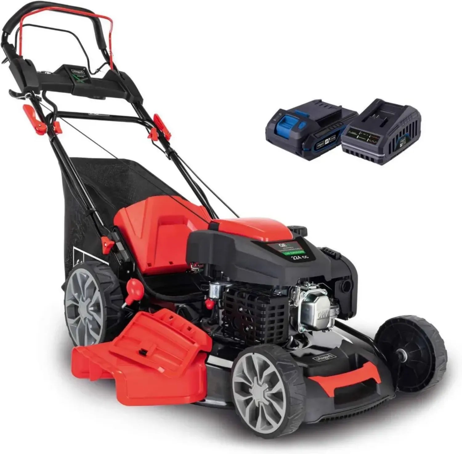 Scheppach MS225-56E Benzin-Rasenmäher mit Elektrostart und Radantrieb, 6 PS, 56 cm Schnittbreite, 7-fache Schnitthöhenverstellung, 65L Fangkorb, Mulch- und Seitenauswurf