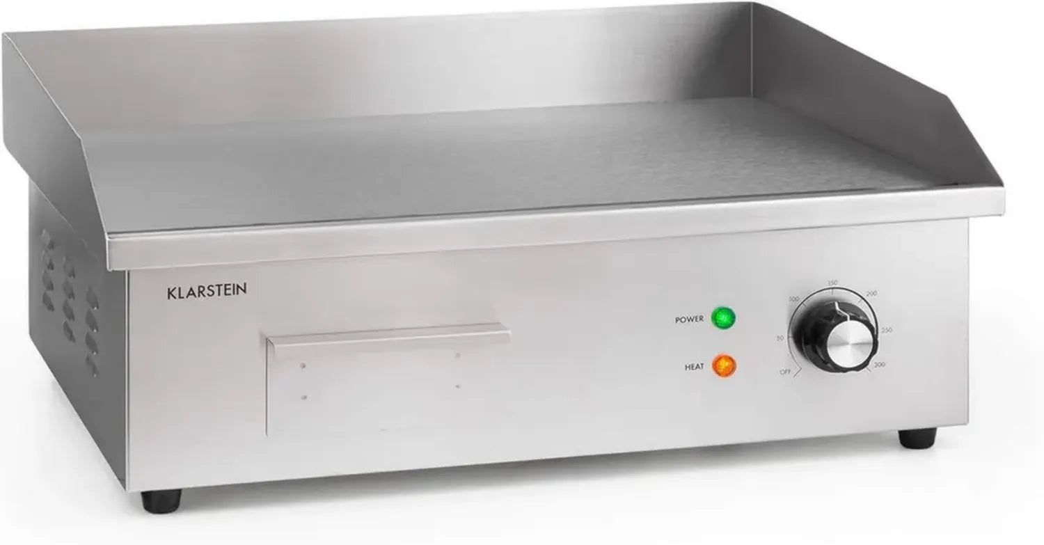 Klarstein Edelstahl Tischgrill, XL Elektrogrillplatte, 3000W, Stufenlos 50-300°C, Inklusive Spritzschutz