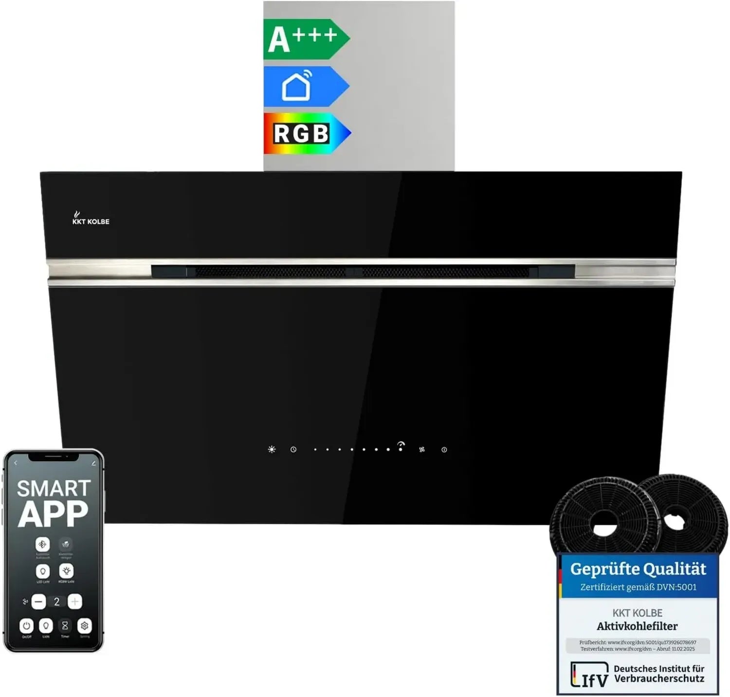 KKT Kolbe Dunstabzugshaube 80 cm, A+++, 782 m³/h, Kopffrei, Wandmontage, Smart WiFi, RGBW LED, Schwarz/Silber