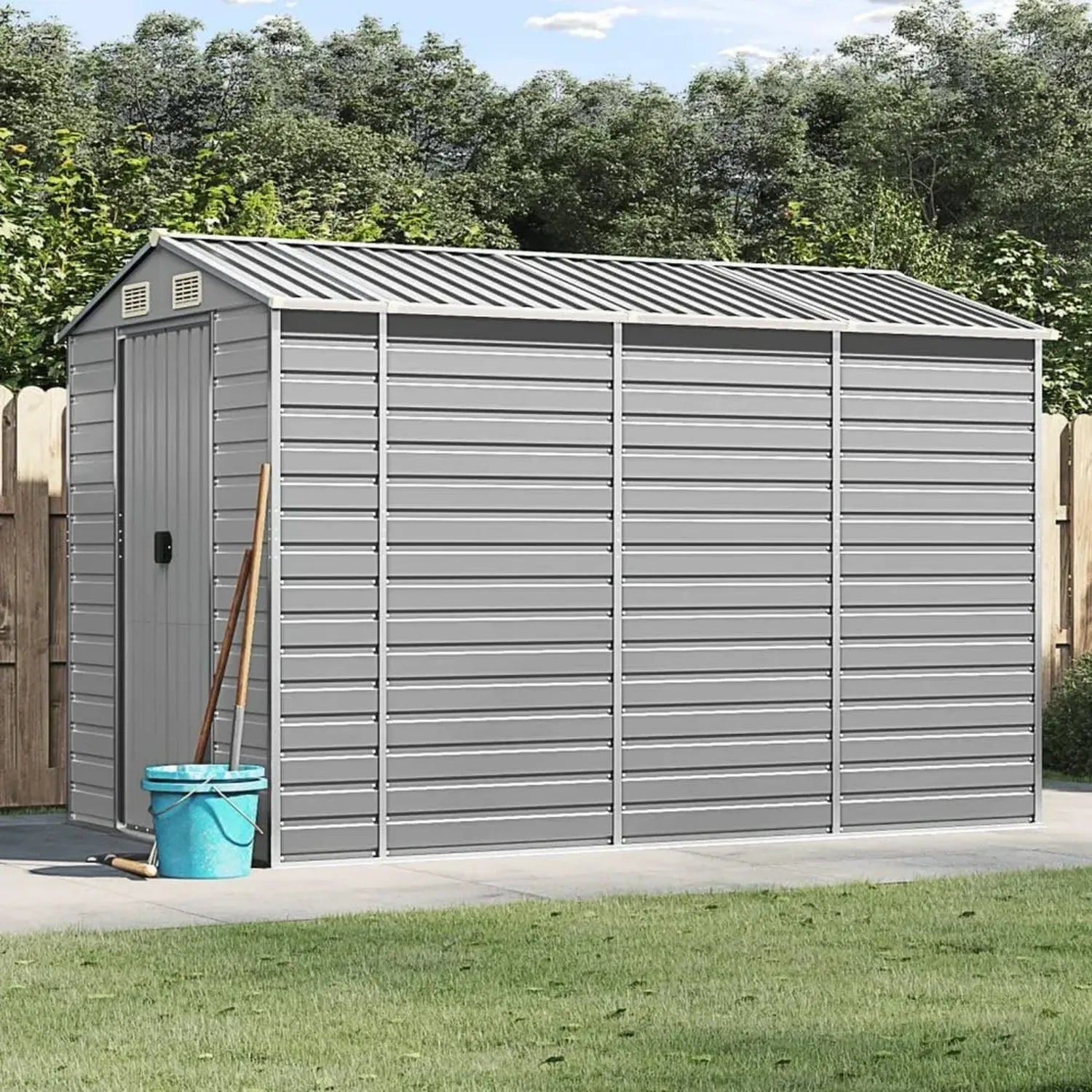ZEYUAN Metallgerätehaus in Hellgrau 191x300x198 cm, Wetterbeständiges Gartenhaus für Werkzeugaufbewahrung und Fahrradgarage