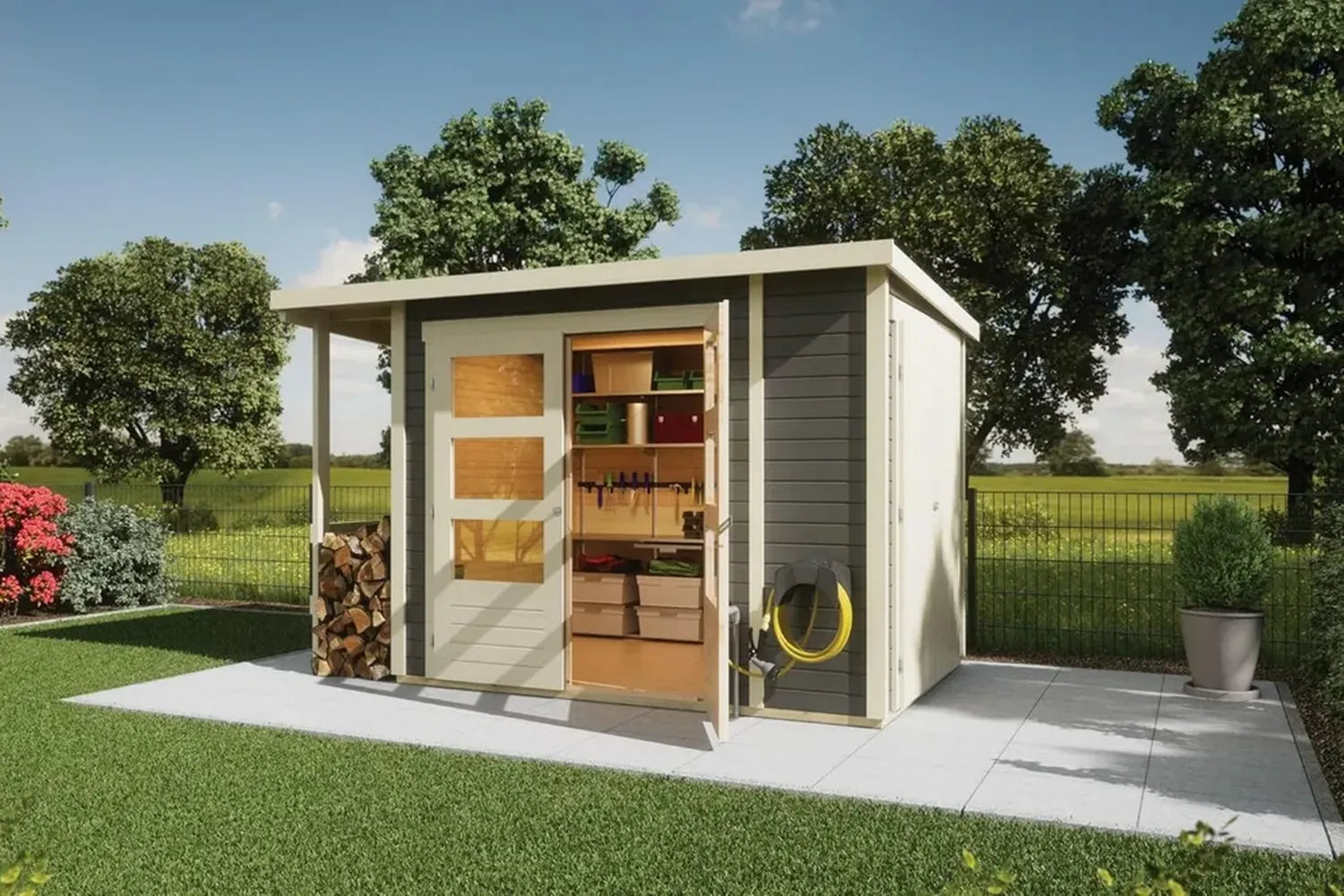 Karibu Gartenhaus 19mm mit Schrank und Erweiterung, inkl. Boden & Dacheindeckung, Terragrau