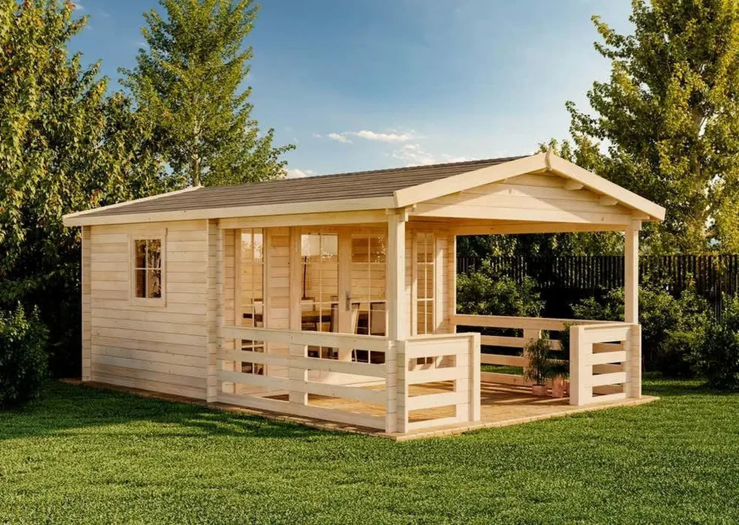 Großes Holz-Gartenhaus Lappland mit Terrasse, naturbelassen, 40 mm Wandstärke, inklusive Montagematerial