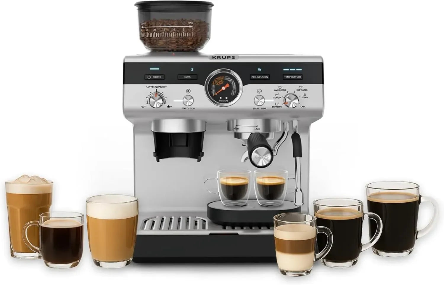 Krups Siebträgermaschine mit integrierter Mühle, Barista-Espressomaschine mit einfacher Bedienung, Vorbrühfunktion und Dampfdüse, schnelle Aufheizzeit, Modell XP801T10