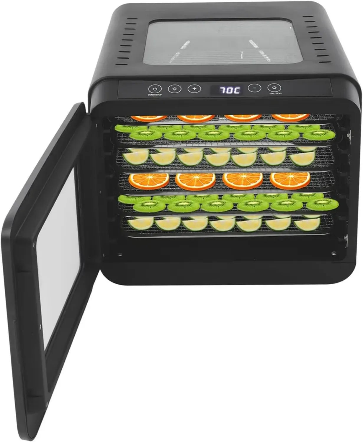 Hochwertiger Dörrautomat mit LED-Anzeige, 6 Edelstahlschalen und präzisem Temperaturregler, ideal für Obst, Gemüse und Fleisch